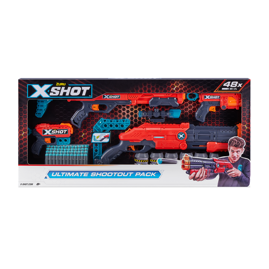 X-Shot Excel Ultimate Shootout Foam Dart Blaster Combo Pack (4 Blasters 48 Darts 6 Cans)