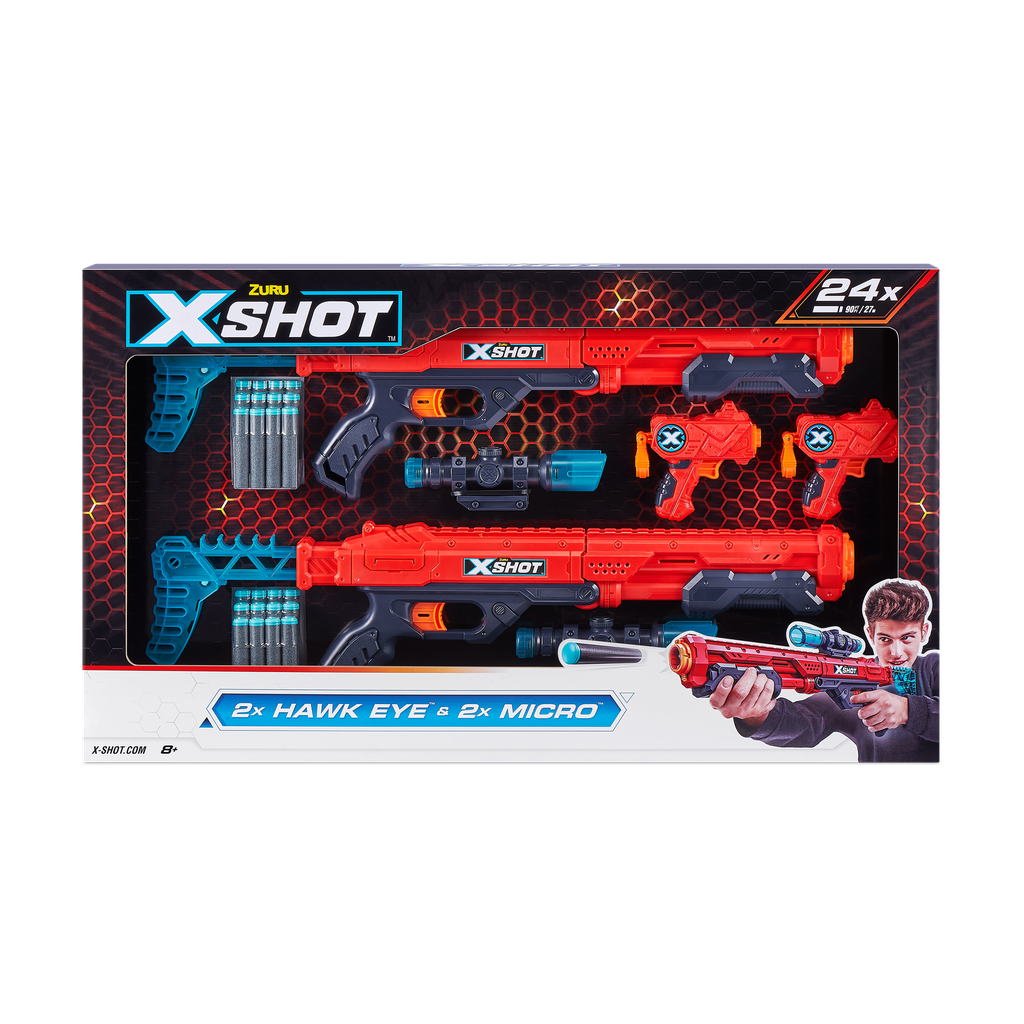 X-Shot Excel Double Hawk Eye and Double Micro Foam Dart Blaster Combo Pack (24 Darts) 