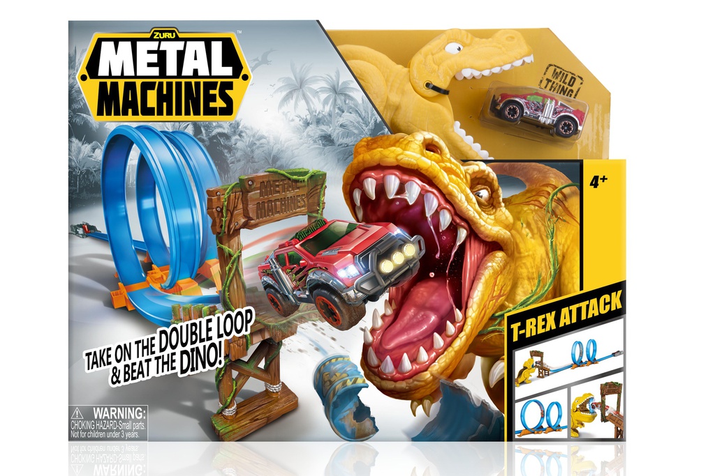 metal machines t-rex attack building trackset with mini racing car 